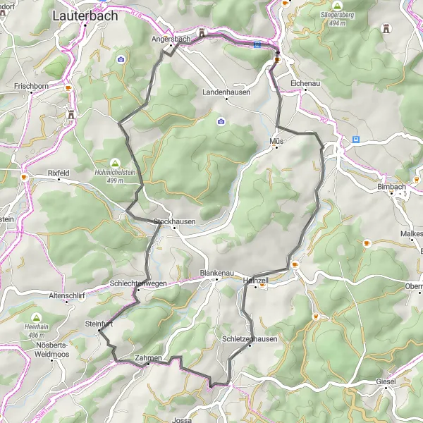 Karten-Miniaturansicht der Radinspiration "Faszinierende Straßen und Burgruinen" in Kassel, Germany. Erstellt vom Tarmacs.app-Routenplaner für Radtouren