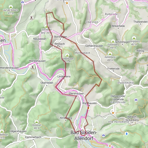 Map miniature of "Scenic Gravel Ride to Lindewerra" cycling inspiration in Kassel, Germany. Generated by Tarmacs.app cycling route planner