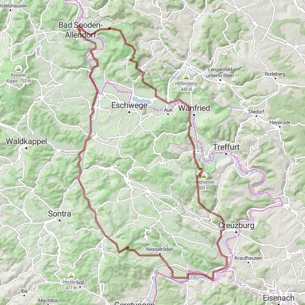 Map miniature of "Discover Meinhard and Heldrastein" cycling inspiration in Kassel, Germany. Generated by Tarmacs.app cycling route planner