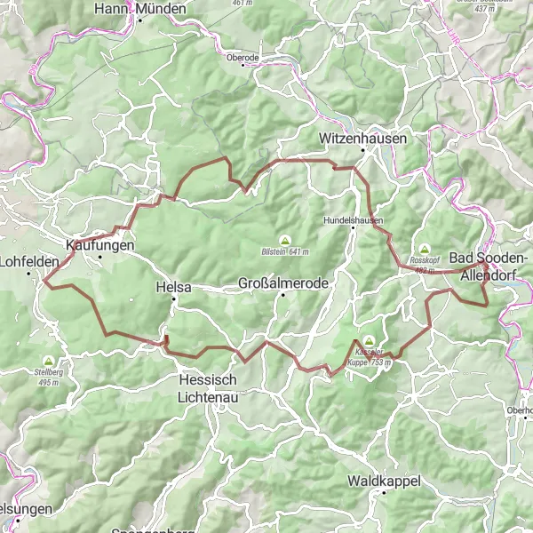 Map miniature of "Gravel Adventure to Kleiner Belgerkopf" cycling inspiration in Kassel, Germany. Generated by Tarmacs.app cycling route planner