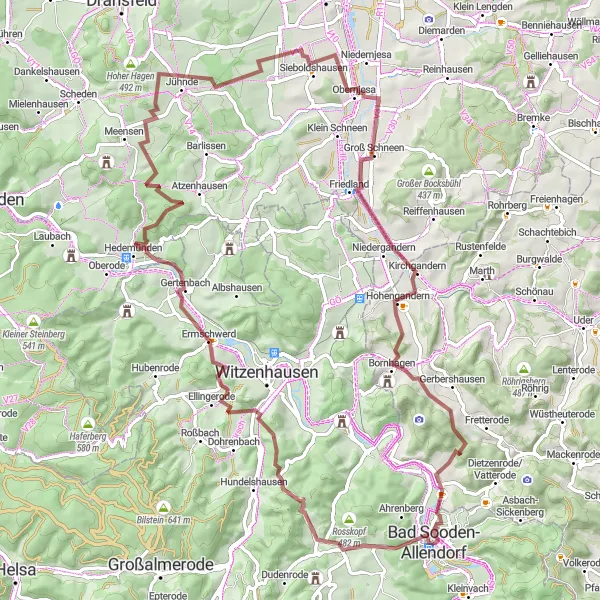 Karten-Miniaturansicht der Radinspiration "Herausfordernde Gravel-Expedition" in Kassel, Germany. Erstellt vom Tarmacs.app-Routenplaner für Radtouren