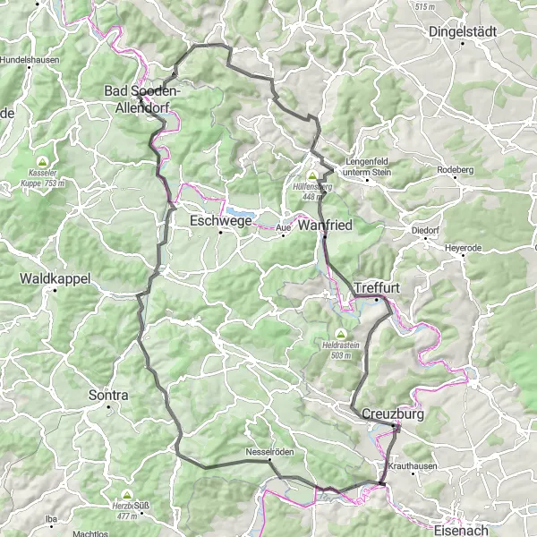 Map miniature of "The Werra River Loop" cycling inspiration in Kassel, Germany. Generated by Tarmacs.app cycling route planner