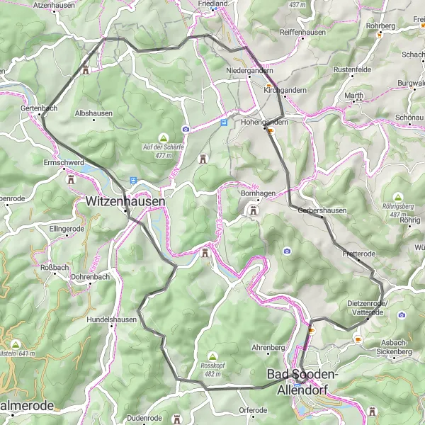 Map miniature of "Kammerbach and Badenstein Circuit" cycling inspiration in Kassel, Germany. Generated by Tarmacs.app cycling route planner