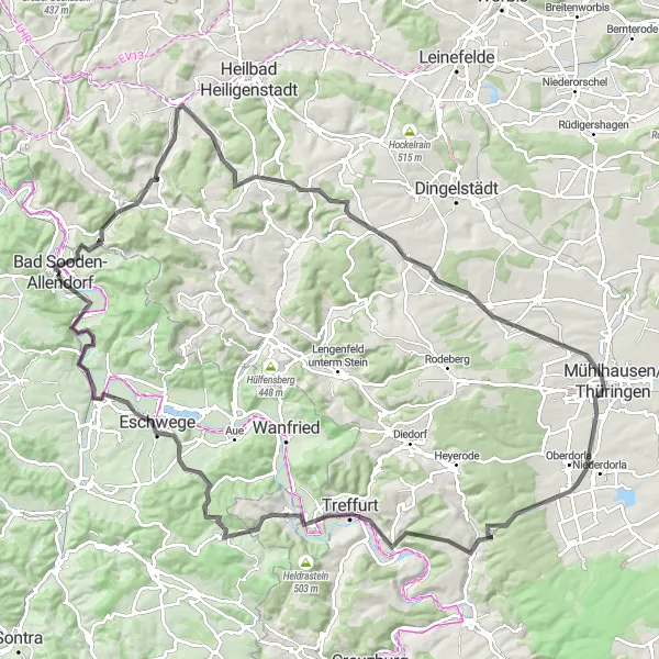 Map miniature of "Climb to Treffurt and Enjoy Goldberg Views" cycling inspiration in Kassel, Germany. Generated by Tarmacs.app cycling route planner