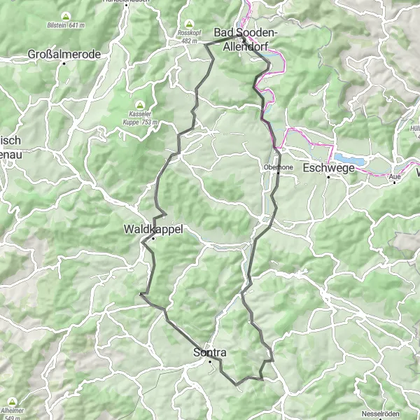 Map miniature of "The Weinberg Road Cycling Loop" cycling inspiration in Kassel, Germany. Generated by Tarmacs.app cycling route planner