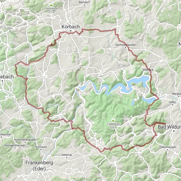 Karten-Miniaturansicht der Radinspiration "Abenteuerliche Gravel-Tour rund um Kassel" in Kassel, Germany. Erstellt vom Tarmacs.app-Routenplaner für Radtouren