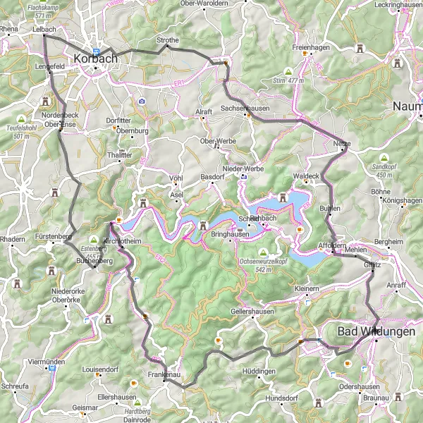 Karten-Miniaturansicht der Radinspiration "Die Verbindung der Burgen und Schlösser" in Kassel, Germany. Erstellt vom Tarmacs.app-Routenplaner für Radtouren