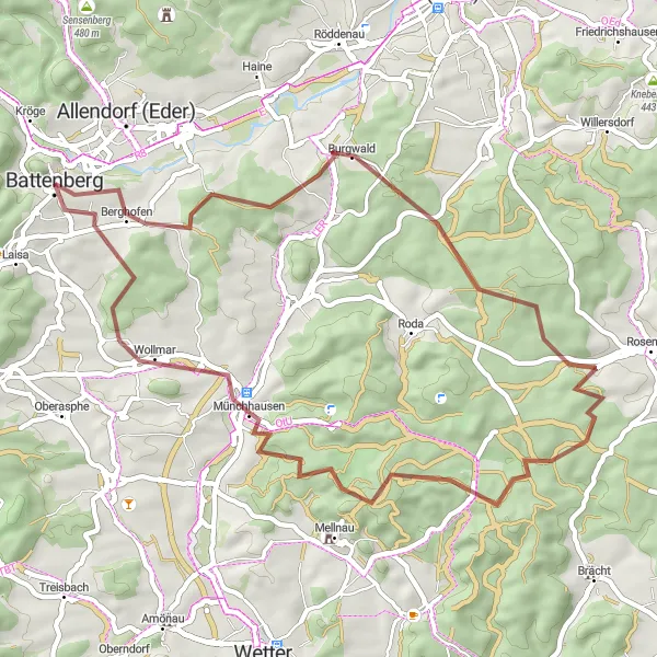 Map miniature of "Battenberg Loop" cycling inspiration in Kassel, Germany. Generated by Tarmacs.app cycling route planner