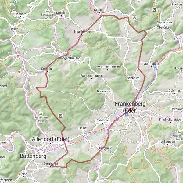 Map miniature of "The Homberg Dash" cycling inspiration in Kassel, Germany. Generated by Tarmacs.app cycling route planner