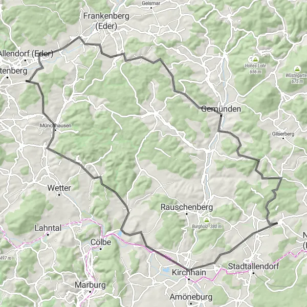 Map miniature of "Battenberg to Kirchhain Road Cycling Route" cycling inspiration in Kassel, Germany. Generated by Tarmacs.app cycling route planner