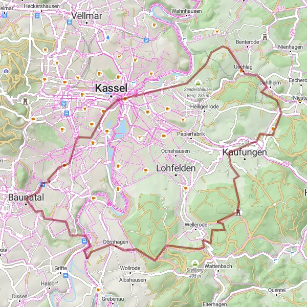 Map miniature of "The Gravel Explorer" cycling inspiration in Kassel, Germany. Generated by Tarmacs.app cycling route planner