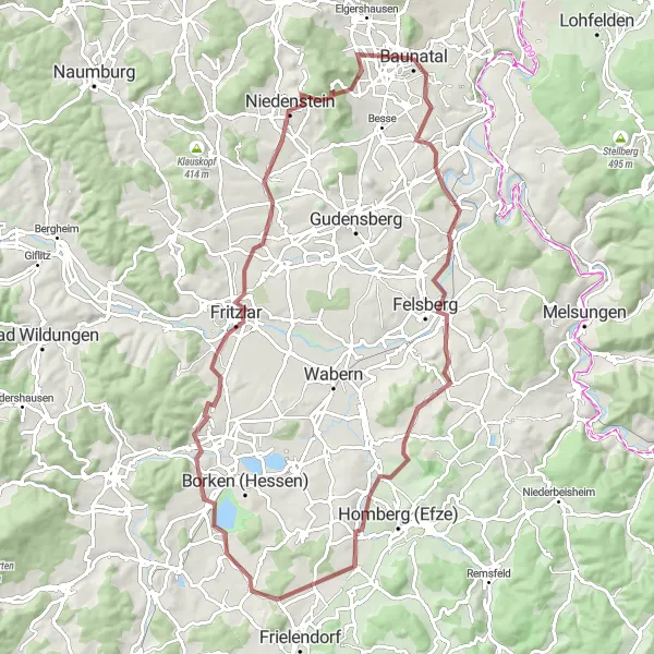 Karten-Miniaturansicht der Radinspiration "Rundweg Altenbrunslar und Arnsbach" in Kassel, Germany. Erstellt vom Tarmacs.app-Routenplaner für Radtouren