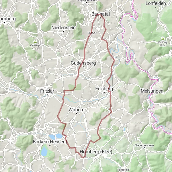 Karten-Miniaturansicht der Radinspiration "Aussichtsreiche Tour rund um Baunatal" in Kassel, Germany. Erstellt vom Tarmacs.app-Routenplaner für Radtouren