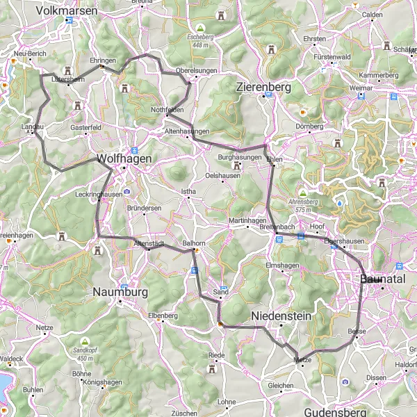 Map miniature of "Tour de Baunatal" cycling inspiration in Kassel, Germany. Generated by Tarmacs.app cycling route planner