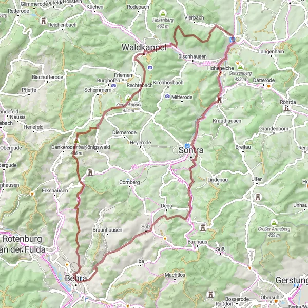 Karten-Miniaturansicht der Radinspiration "Gravel-Radtour von Bebra" in Kassel, Germany. Erstellt vom Tarmacs.app-Routenplaner für Radtouren