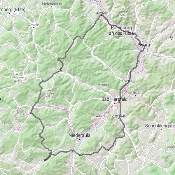 Karten-Miniaturansicht der Radinspiration "Üppige Landschaften um Bebra" in Kassel, Germany. Erstellt vom Tarmacs.app-Routenplaner für Radtouren
