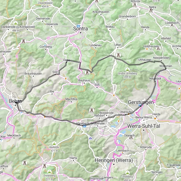 Map miniature of "Bebrathe Roundabout" cycling inspiration in Kassel, Germany. Generated by Tarmacs.app cycling route planner