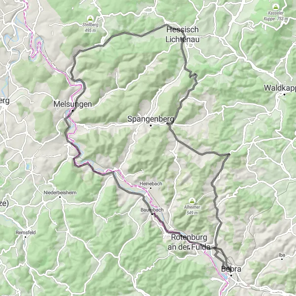 Map miniature of "Vogelsberg Road Challenge" cycling inspiration in Kassel, Germany. Generated by Tarmacs.app cycling route planner