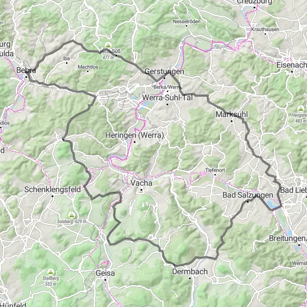 Karten-Miniaturansicht der Radinspiration "Bergige Pfade rund um Bebra" in Kassel, Germany. Erstellt vom Tarmacs.app-Routenplaner für Radtouren