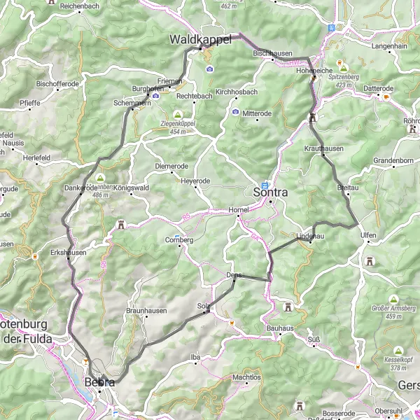 Map miniature of "Road to the Countryside" cycling inspiration in Kassel, Germany. Generated by Tarmacs.app cycling route planner