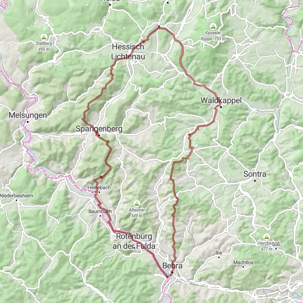 Map miniature of "Fulda River Gravel Adventure" cycling inspiration in Kassel, Germany. Generated by Tarmacs.app cycling route planner