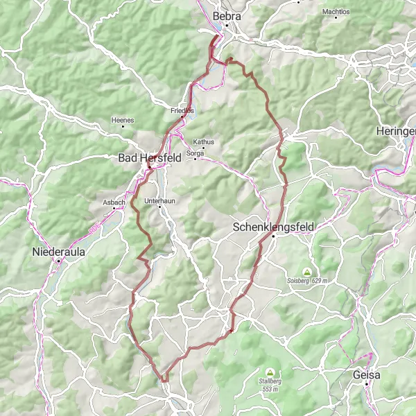 Map miniature of "Gravel cycling adventure near Breitenbach" cycling inspiration in Kassel, Germany. Generated by Tarmacs.app cycling route planner