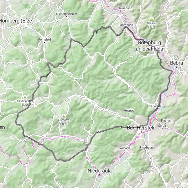 Karten-Miniaturansicht der Radinspiration "Eroberung der Felsen und Burgen" in Kassel, Germany. Erstellt vom Tarmacs.app-Routenplaner für Radtouren