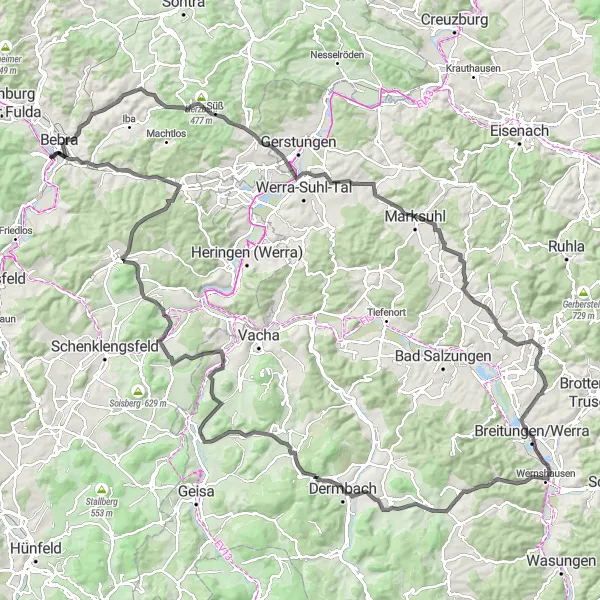 Map miniature of "Road cycling around Breitenbach" cycling inspiration in Kassel, Germany. Generated by Tarmacs.app cycling route planner