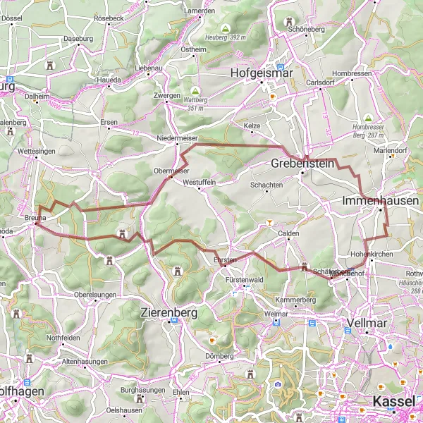 Karten-Miniaturansicht der Radinspiration "Gravel-Tour nach Escheberg" in Kassel, Germany. Erstellt vom Tarmacs.app-Routenplaner für Radtouren