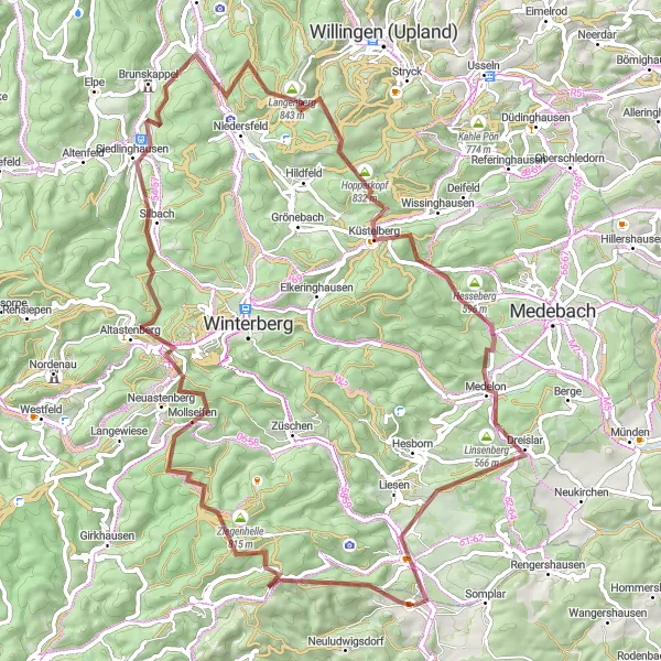 Map miniature of "Gravel Route: Bromskirchen to Siegelsberg" cycling inspiration in Kassel, Germany. Generated by Tarmacs.app cycling route planner