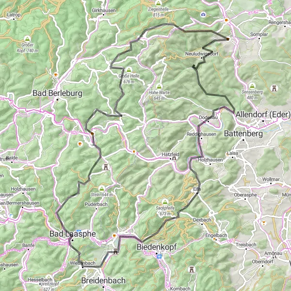 Map miniature of "Road Route: Bromskirchen to Rathaus" cycling inspiration in Kassel, Germany. Generated by Tarmacs.app cycling route planner