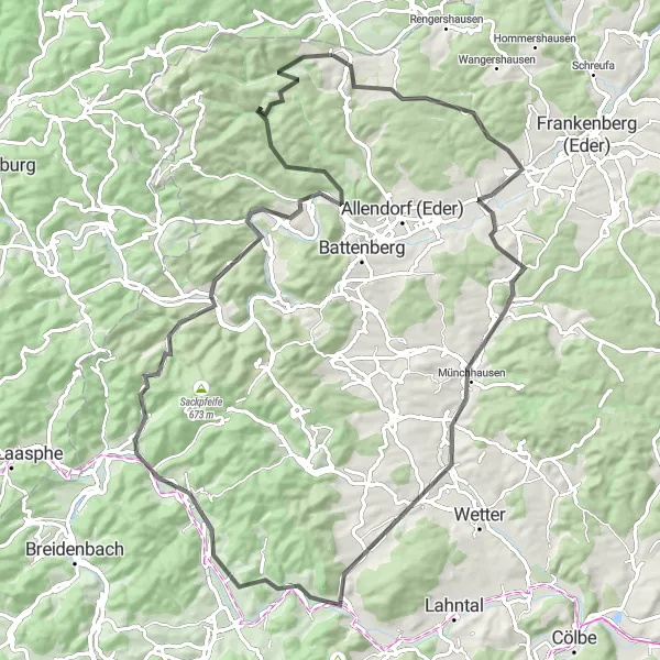 Karten-Miniaturansicht der Radinspiration "Auf den Spuren der Natur in der Nähe von Bromskirchen" in Kassel, Germany. Erstellt vom Tarmacs.app-Routenplaner für Radtouren