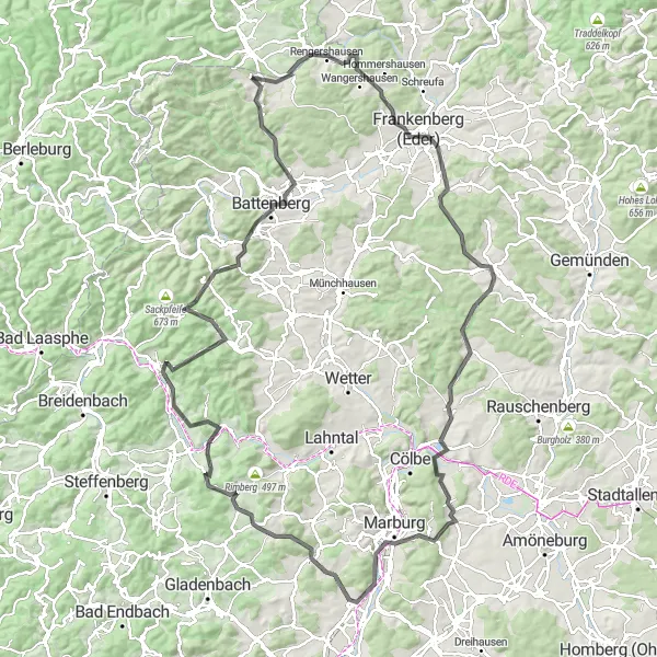 Map miniature of "Countryside Bliss" cycling inspiration in Kassel, Germany. Generated by Tarmacs.app cycling route planner