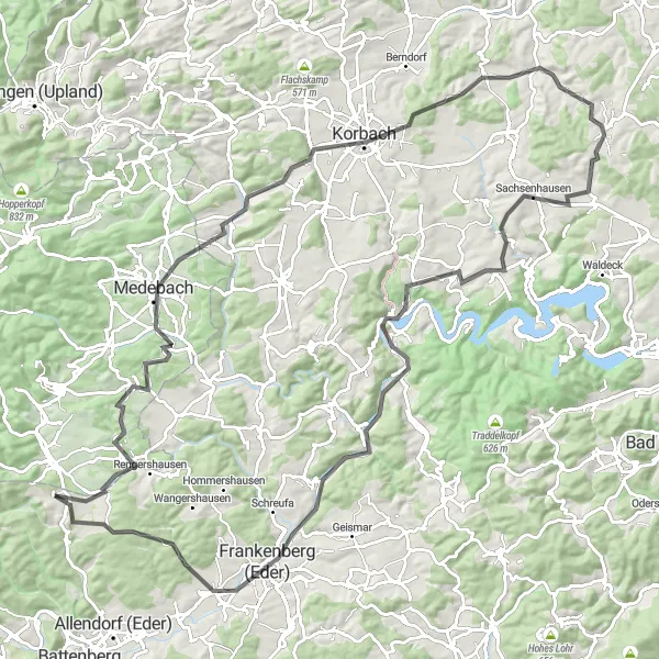 Karten-Miniaturansicht der Radinspiration "Road-Rundfahrt von Bromskirchen" in Kassel, Germany. Erstellt vom Tarmacs.app-Routenplaner für Radtouren