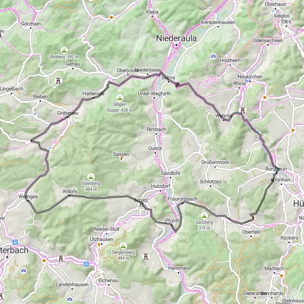 Karten-Miniaturansicht der Radinspiration "Hügelige Straßen um Burghaun" in Kassel, Germany. Erstellt vom Tarmacs.app-Routenplaner für Radtouren