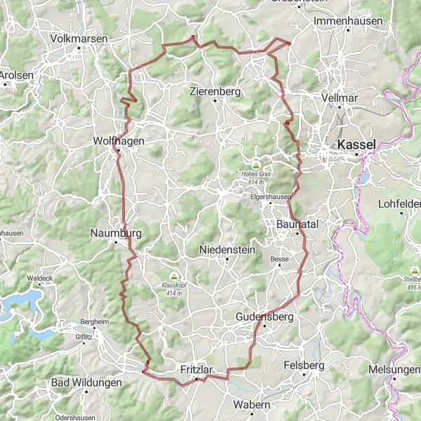 Karten-Miniaturansicht der Radinspiration "Durch die Naturparks Nordhessens" in Kassel, Germany. Erstellt vom Tarmacs.app-Routenplaner für Radtouren