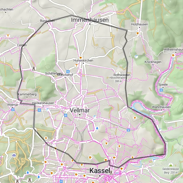 Karten-Miniaturansicht der Radinspiration "Erkundungstour durch die Natur: Häuschensberg und Firnskuppe" in Kassel, Germany. Erstellt vom Tarmacs.app-Routenplaner für Radtouren