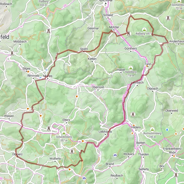 Map miniature of "Dipperz Loop" cycling inspiration in Kassel, Germany. Generated by Tarmacs.app cycling route planner