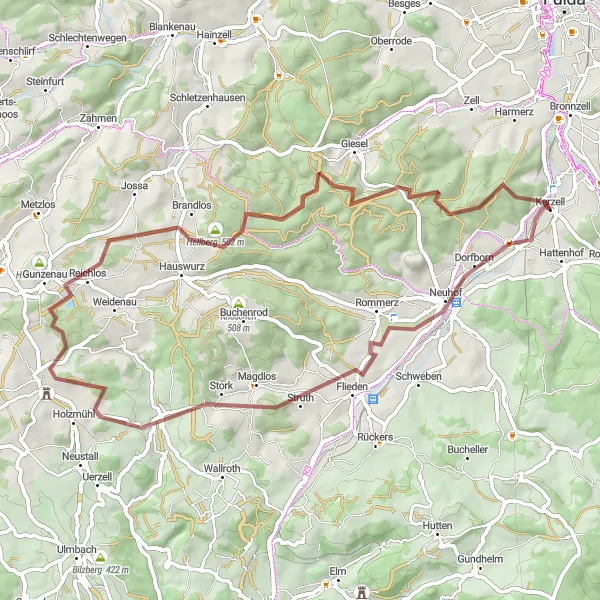 Map miniature of "Gravel Adventure through Rural Landscapes" cycling inspiration in Kassel, Germany. Generated by Tarmacs.app cycling route planner