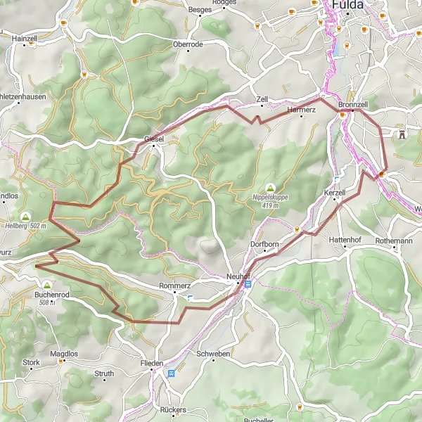 Map miniature of "Around Kerzell" cycling inspiration in Kassel, Germany. Generated by Tarmacs.app cycling route planner