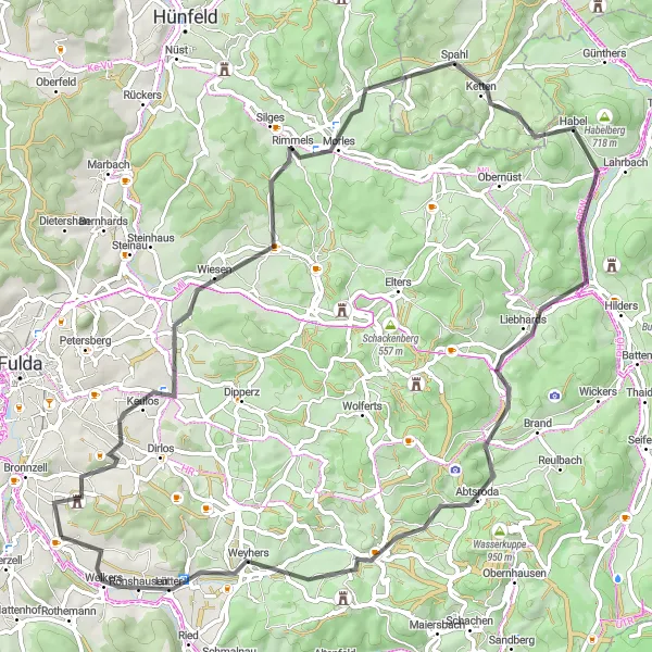 Map miniature of "Florenberg and Kesselkopf Road Adventure" cycling inspiration in Kassel, Germany. Generated by Tarmacs.app cycling route planner