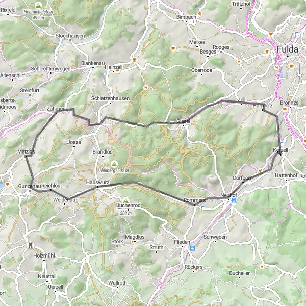 Map miniature of "Rommerz-Holler-Horst-Zahmen-Sieberzer Berg-Johannesberg Loop" cycling inspiration in Kassel, Germany. Generated by Tarmacs.app cycling route planner