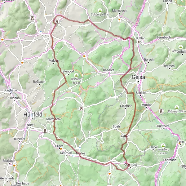 Map miniature of "Scenic Gravel Loop Through Rural Beauty" cycling inspiration in Kassel, Germany. Generated by Tarmacs.app cycling route planner