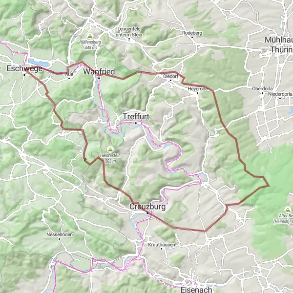 Map miniature of "Kassel Gravel Adventure" cycling inspiration in Kassel, Germany. Generated by Tarmacs.app cycling route planner