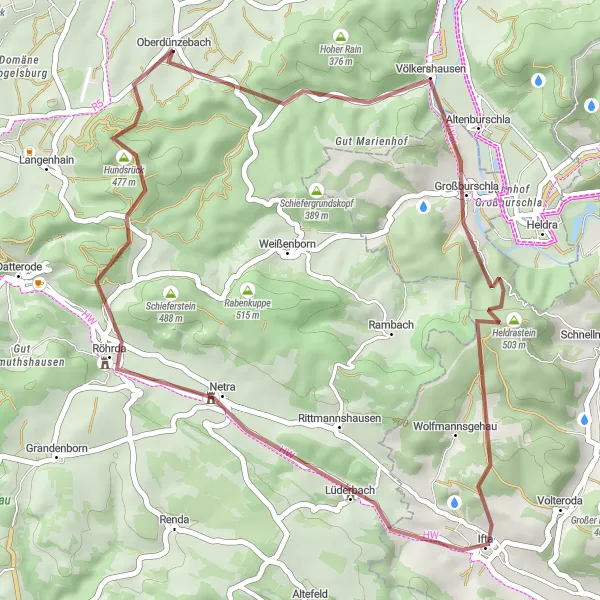 Map miniature of "Adventurous Gravel Ride" cycling inspiration in Kassel, Germany. Generated by Tarmacs.app cycling route planner