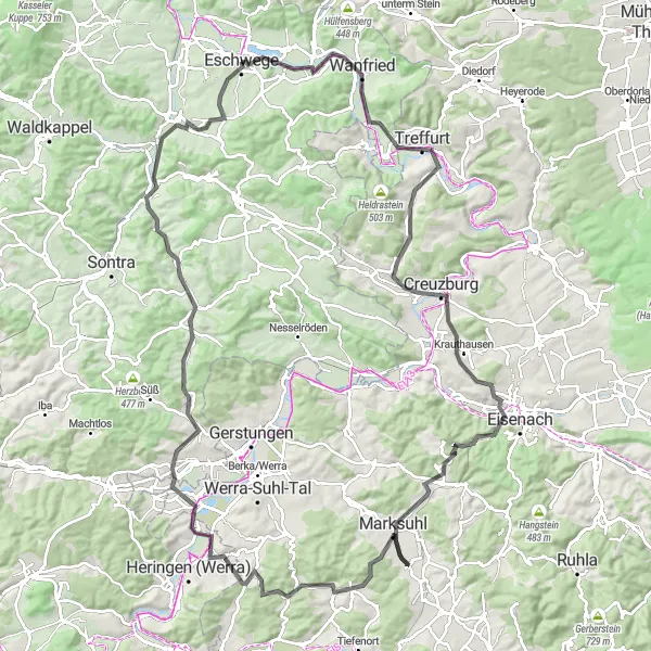 Map miniature of "Eschwege Round-Trip by Road" cycling inspiration in Kassel, Germany. Generated by Tarmacs.app cycling route planner