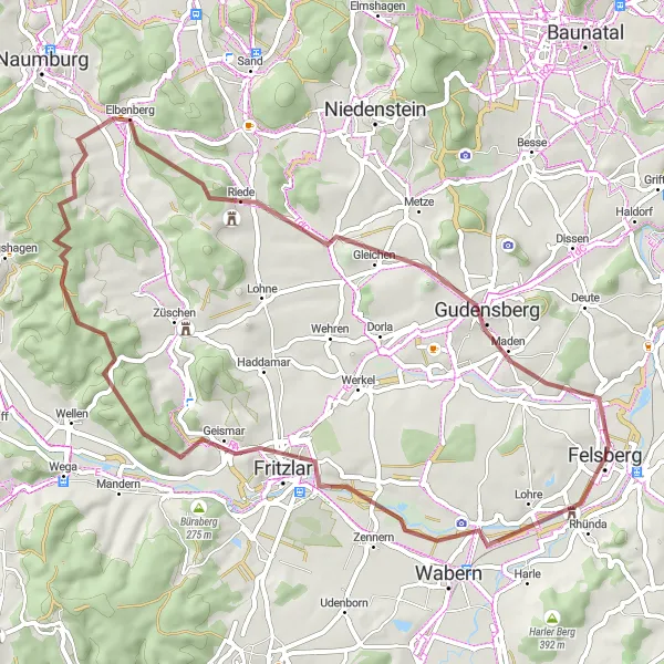 Map miniature of "Felsberg Gravel Loop" cycling inspiration in Kassel, Germany. Generated by Tarmacs.app cycling route planner