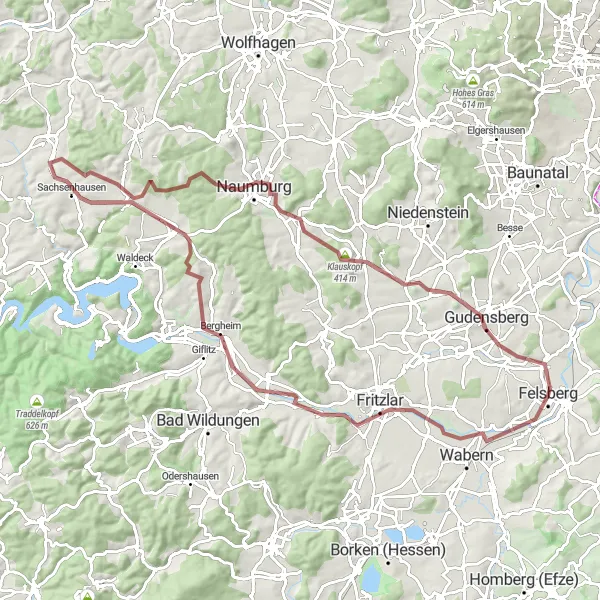 Map miniature of "Venturing through Challenging Gravel Terrain" cycling inspiration in Kassel, Germany. Generated by Tarmacs.app cycling route planner