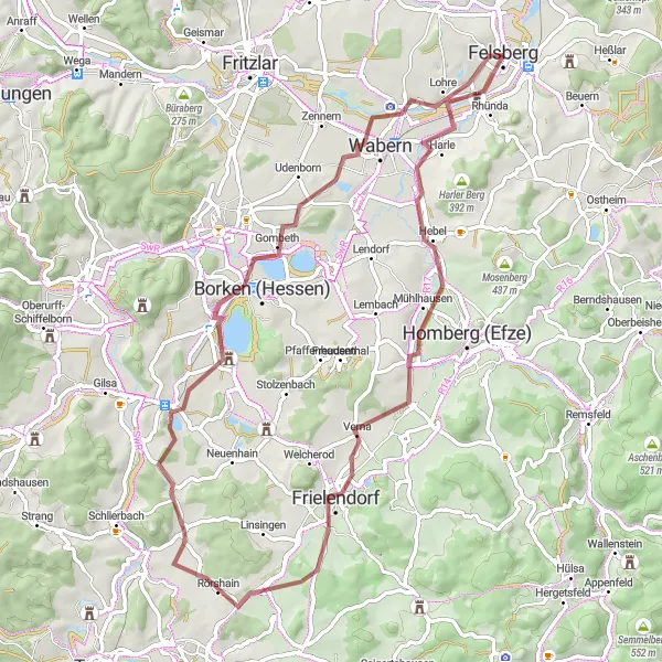 Map miniature of "Felsberg Gravel Adventure" cycling inspiration in Kassel, Germany. Generated by Tarmacs.app cycling route planner