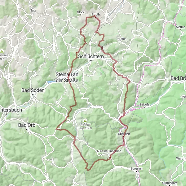 Map miniature of "Gravel Route to Burg Brandenstein and Reichersberg" cycling inspiration in Kassel, Germany. Generated by Tarmacs.app cycling route planner